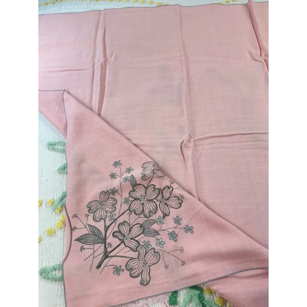 Vintage Pink Square Tablecloth Silver Floral Dogwood Graphic 36x36 Scarf Wrap